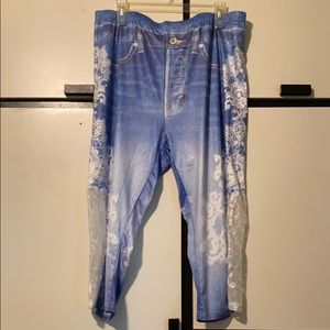 Rosegal Blue Denim Look Leggings with Lace Cut Out